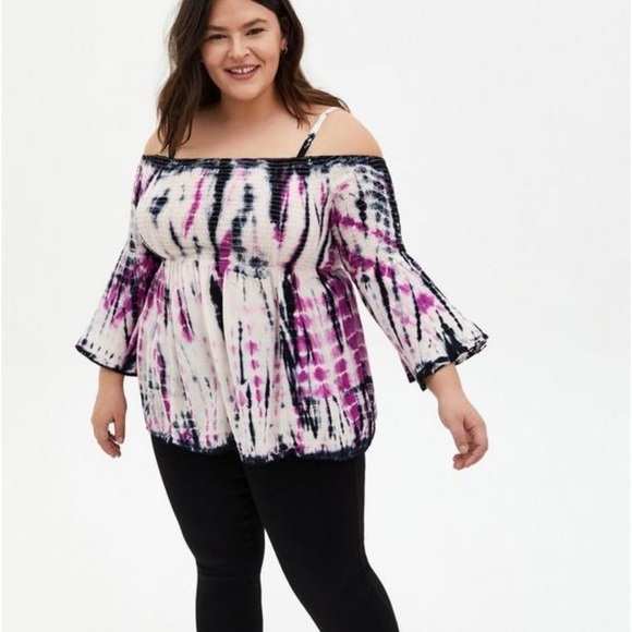 Torrid Tie Dye Babydoll Rayon Smocked Cold Shoulder Flowy Top - Picture 1 of 11